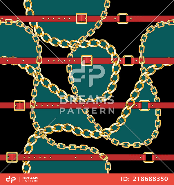 Seamless Pattern with Golden Chains and Red Belts on Black Background.