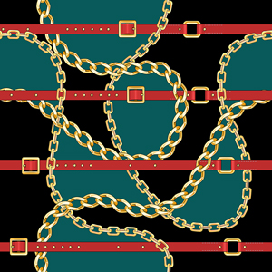 Seamless Pattern with Golden Chains and Red Belts on Black Background.