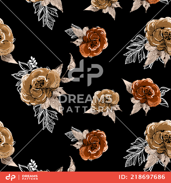 Seamless Watercolor Flowers with Leaves, Repeat Design Ready for Textile Prints.