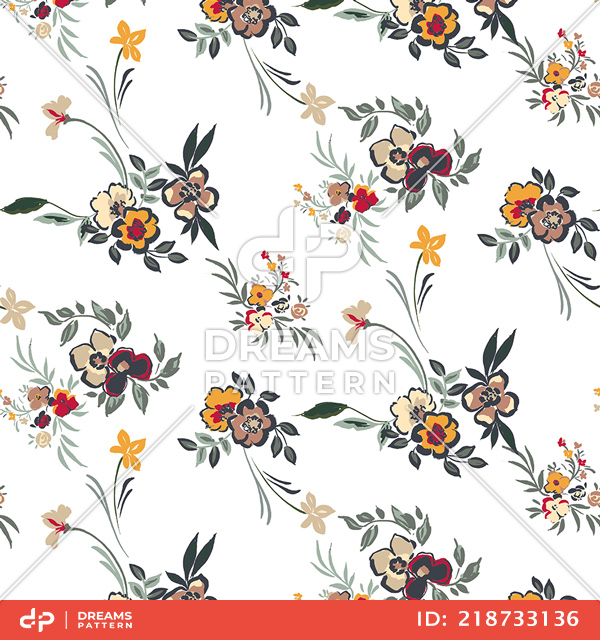 Seamless Floral Pattern, Beautiful Hand Drawn Flowers with Leaves on White Background.