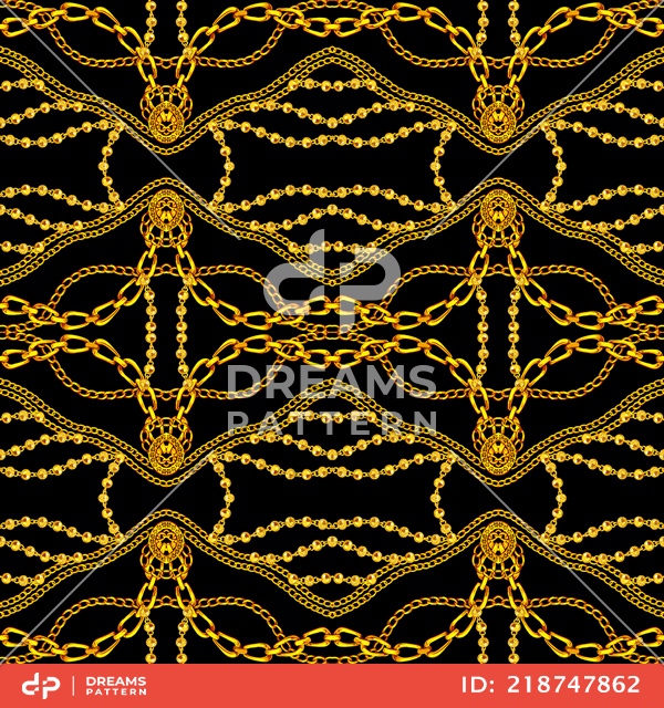 Seamless Symmetric Pattern of Golden Chains on Black Background Ready for Textile Prints.