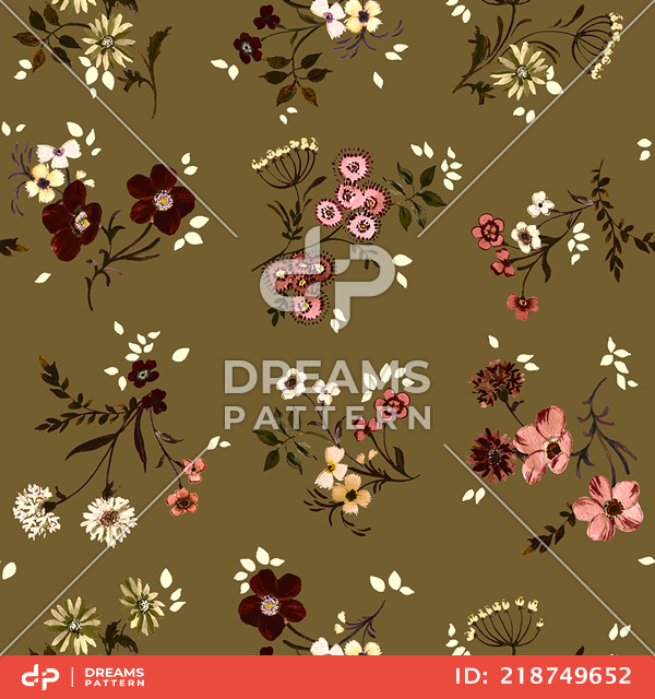 Seamless Floral Pattern with Leaves on Khaki Background Ready for Textile Prints.