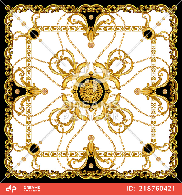 Luxury Scarf Design with Golden Chains and Baroque, Jewelry Shawl Pattern.