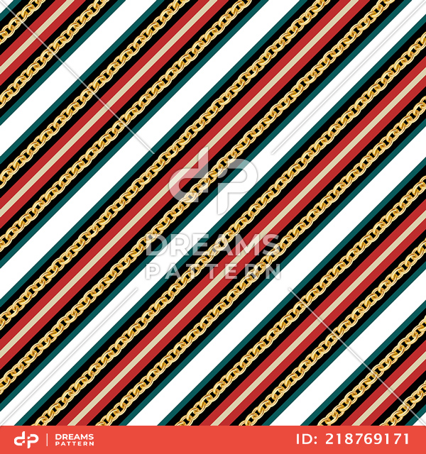 Seamless Pattern of Golden Chains and Colorful Stripes Designed with diagonal Form.