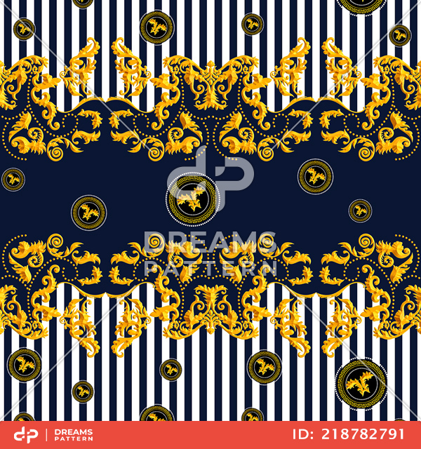 Seamless Golden Baroque Luxury Design with Stripes on Dark Blue Background.