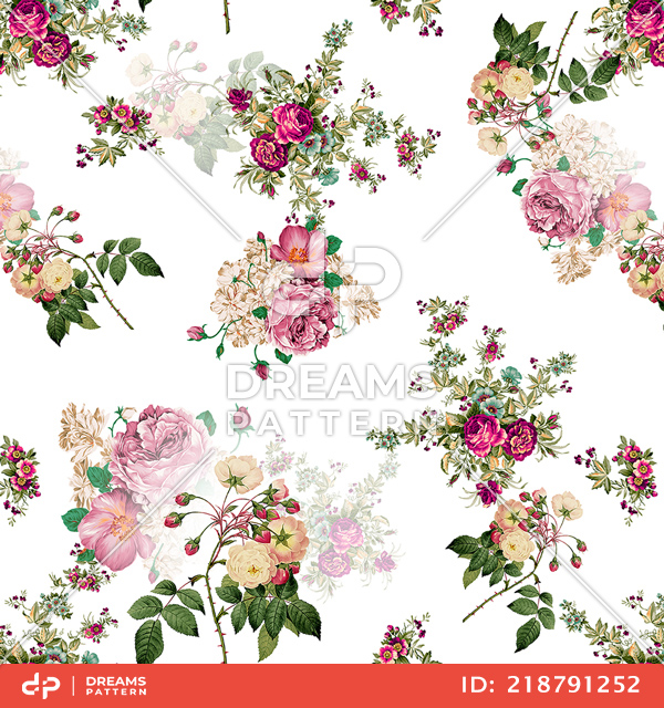 Seamless Spring Flowers and Leaves. Botanical Pattern, on White Background.