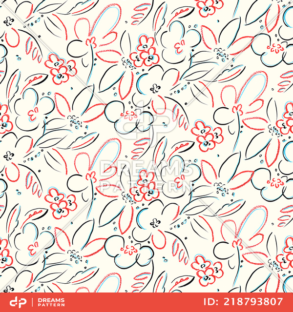 Seamless Hand Drawn Floral Pattern. Colored Outline Design Ready for Textile Prints.