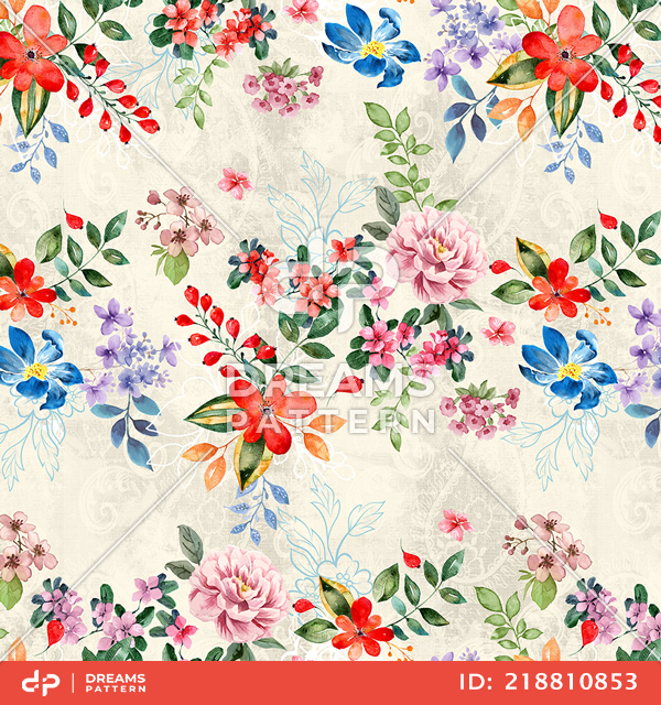 Seamless Colorful Small Flowers with Leaves. Modern Watercolor Floral Design on Beige.