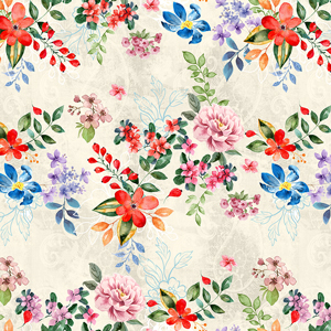Seamless Colorful Small Flowers with Leaves. Modern Watercolor Floral Design on Beige.