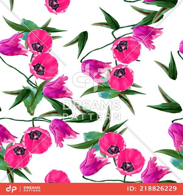 Seamless Flowers Pattern with Leaves on White Background Ready for Textile Prints.