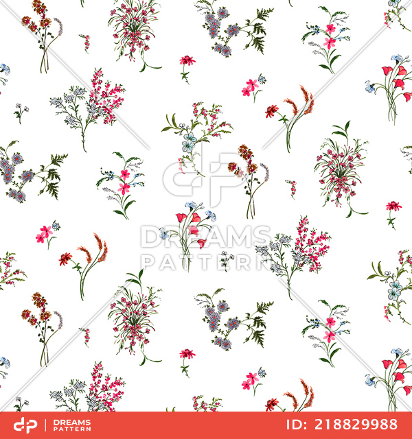 Seamless Beautiful Arrangement Floral Pattern with Leaves on White Background.