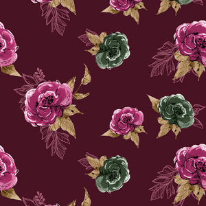 Seamless Watercolor Flowers with Leaves, Repeat Design Ready for Textile Prints.