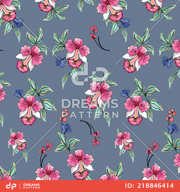 Cute Hand Drown Flowers with Leaves on Indigo Background, Path for Textile Prints.