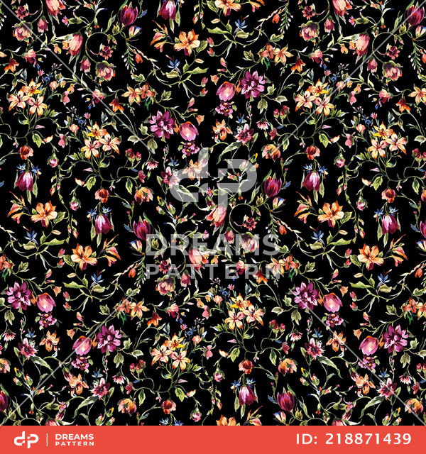 Seamless Watercolor Floral Pattern on Black Background, Ready for Textile Prints.