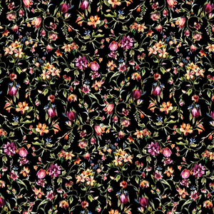 Seamless Watercolor Floral Pattern on Black Background, Ready for Textile Prints.