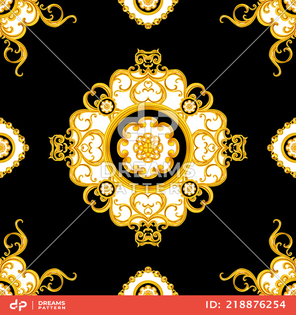 Seamless Luxury Golden Baroque Pattern. Silk Scarf Jewelry Shawl Design.