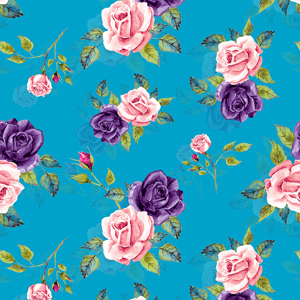Beautiful Seamless Design of Big Watercolor Roses on Blue Background.
