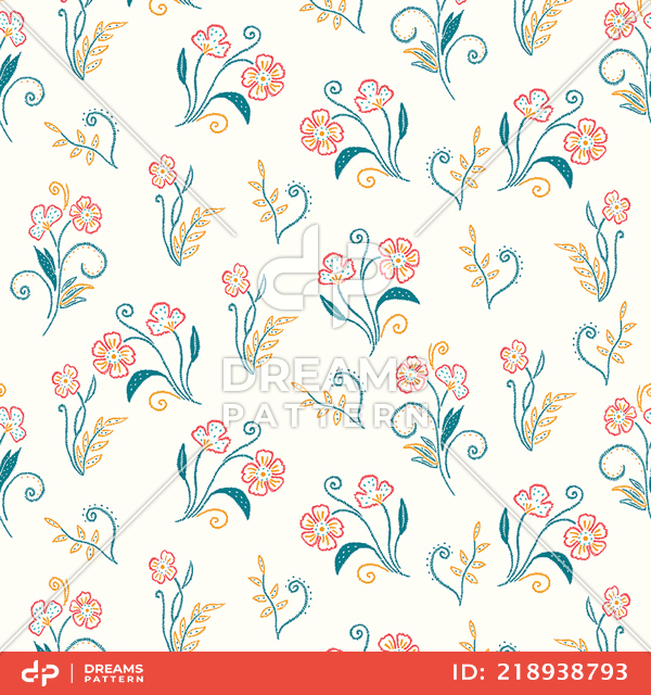 Seamless Modern Embroidery Pattern, Flowers with Leaves on Light Background.