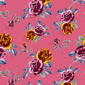 Beautiful Seamless Design of Big Watercolor Roses on Dark Pink Background.