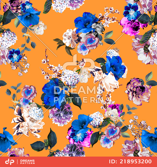 Seamless Floral Pattern with Leaves, Repeated Design Ready for Textile Prints.