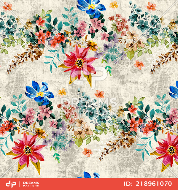 Seamless Watercolor Floral Pattern. Repeated Design of Small Flowers and Leaves.