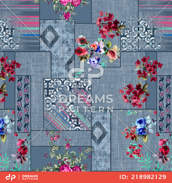 Seamless Patchwork Pattern with Flowers and Lines. Ethnic Indian Style.