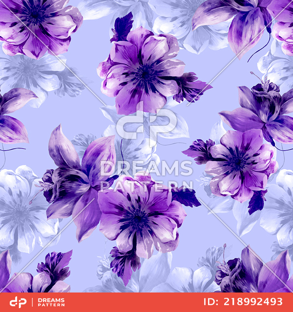 Beautiful Hand Drown Big Flowers with Leaves on Light Purple Background.