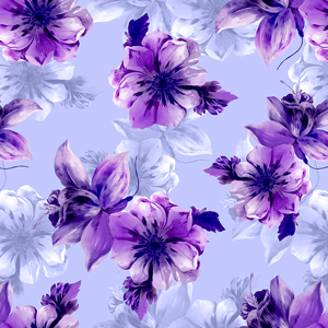 Beautiful Hand Drown Big Flowers with Leaves on Light Purple Background.
