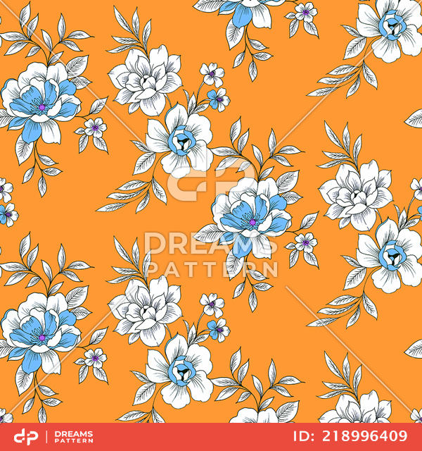 Seamless Hand Drawn Floral Pattern, Vintage Flowers on Yellow Background.