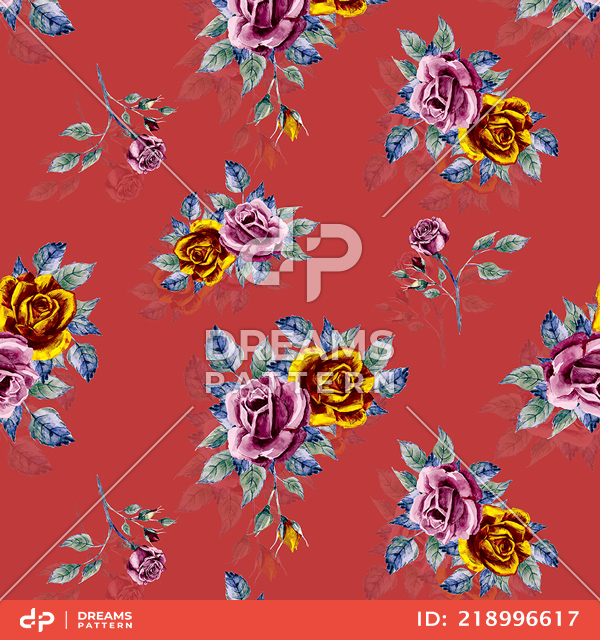 Beautiful Seamless Design of Big Watercolor Roses on Red Background.