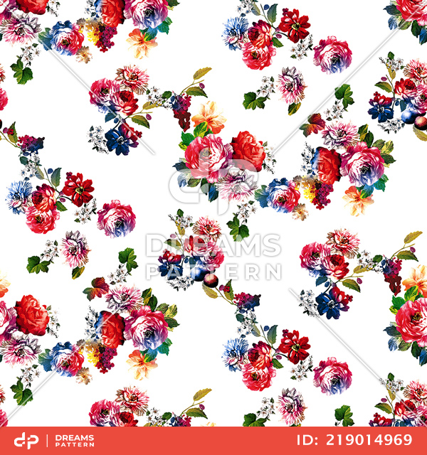 Seamless Hand Painted Flowers and Leaves, Watercolor Pattern on White Background.