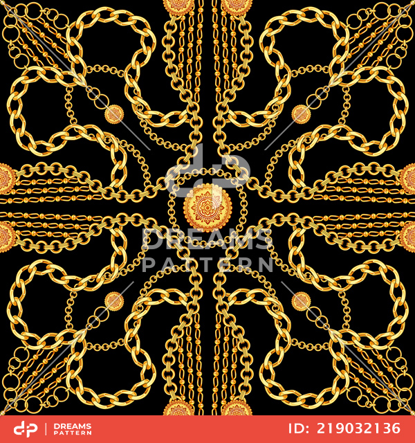 Seamless Golden Chains Pattern, Trendy Repeating Scarf for Textile Print.