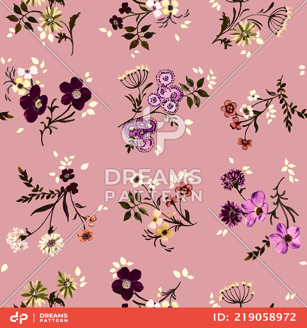 Seamless Floral Pattern with Leaves on Pink Background Ready for Textile Prints.