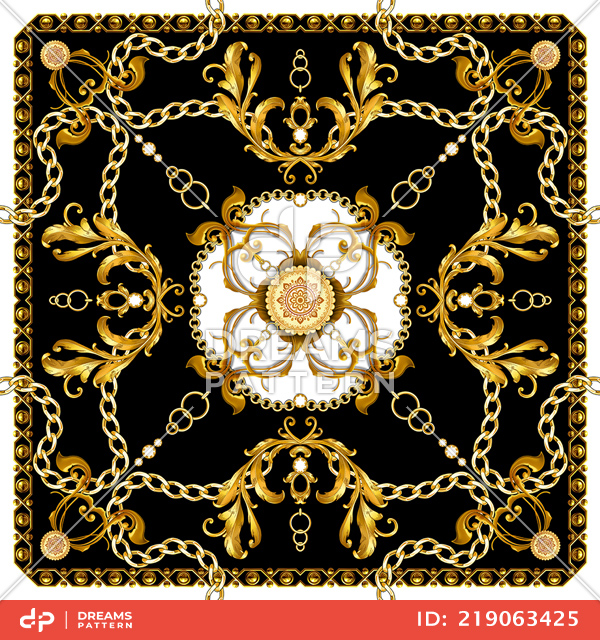 Luxury Scarf Design with Golden Chains and Baroque, Jewelry Shawl Pattern.