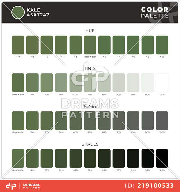 Kale / Color Palette Ready for Textile. Hue, Tints, Tones and Shades Guide.