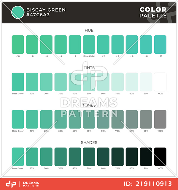 Biscay Green / Color Palette Ready for Textile. Hue, Tints, Tones and Shades Guide.