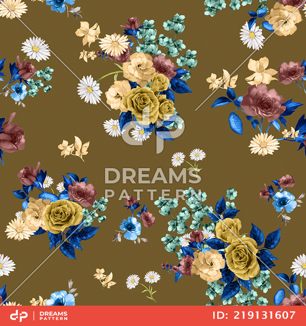 Seamless Watercolor Floral Pattern, Beautiful Flowers Bouquet on Khaki Background.