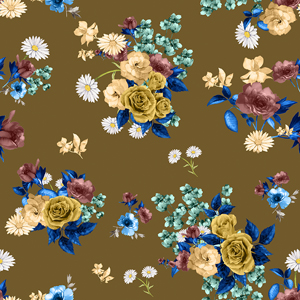 Seamless Watercolor Floral Pattern, Beautiful Flowers Bouquet on Khaki Background.