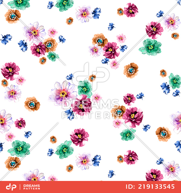 Beautiful Watercolor Flowers, Seamless Pattern Designed on White Background.