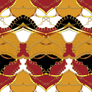 Trendy Luxury, Seamless Pattern of Golden Chains and Belts on Red Background.