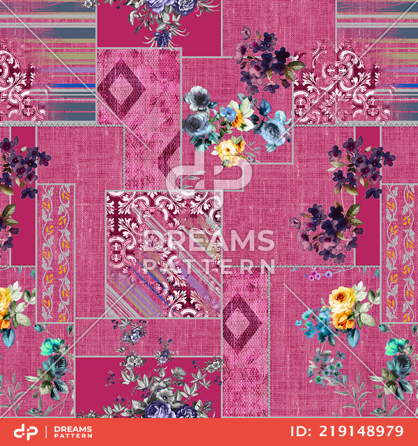 Seamless Patchwork Pattern with Flowers and Lines. Ethnic Indian Style.