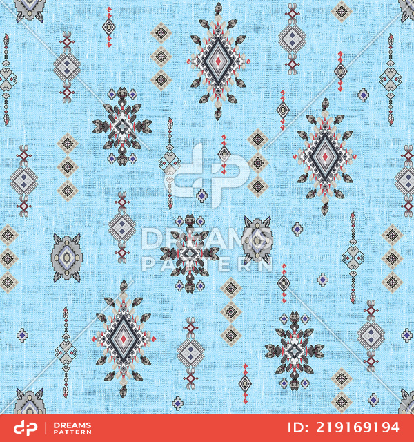 Seamless Colored Ethnic Design on Light Blue Background Ready for Textile Prints.