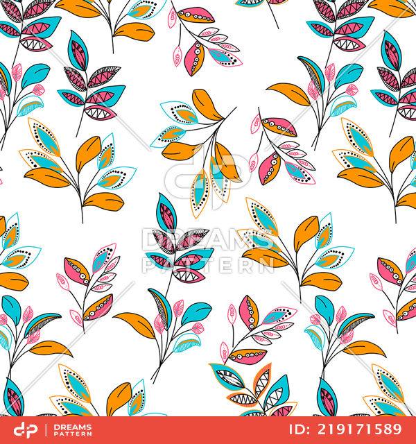 Beautiful Hand Drawn Leaves, Seamless Colorful Pattern Ready for Textile Print.