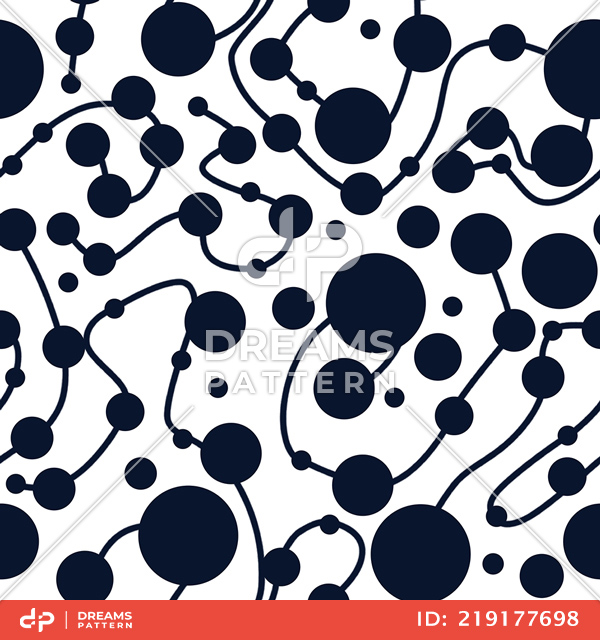 Seamless Pattern with Dark Blue Polka Dots and Curved Lines on White Background.