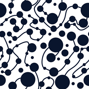 Seamless Pattern with Dark Blue Polka Dots and Curved Lines on White Background.