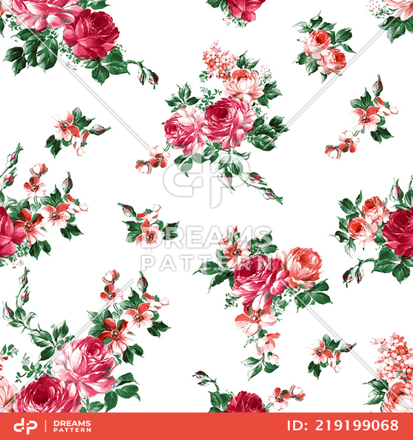 Seamless Hand Drawn Flowers with Leaves, Pretty Floral Pattern on White Background.