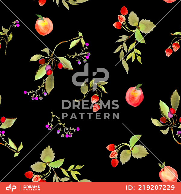 Seamless Fruit Orchard Pattern, Vintage Flowers on Black Background.