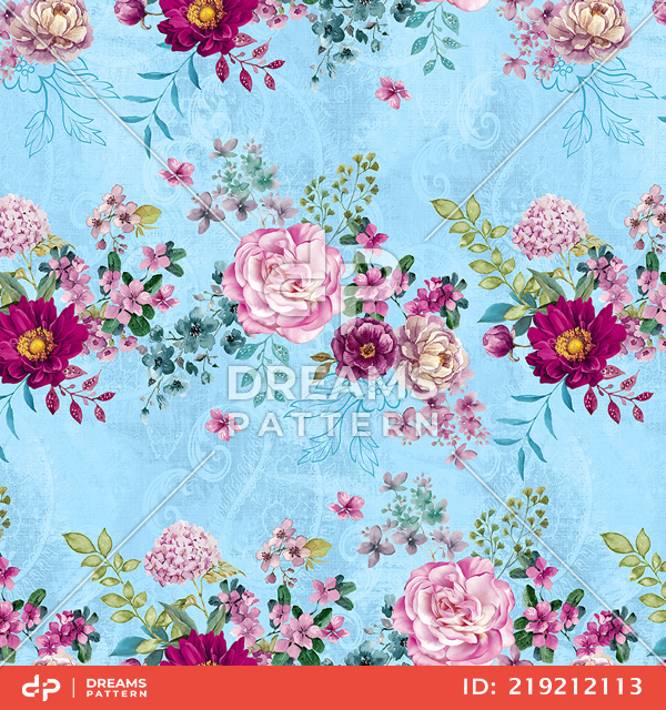 Beautiful Watercolor Floral Design on Light Blue Background Ready for Textile Prints.