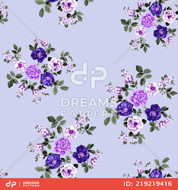 Seamless Pattern of Flowers and Leaves on Purple Background, Ready for Textile Prints.