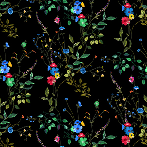 Seamless Watercolor Flowers with Leaves, Spring Pattern on Black Background.